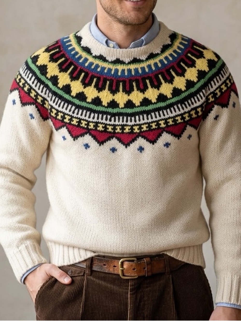 POLO RALPH LAUREN Hand Knit Wool Cashmere Fair Isle Yoke Sweater XL